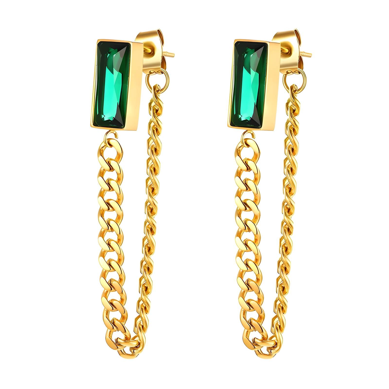 Guld øreringe, emerald m. hæng